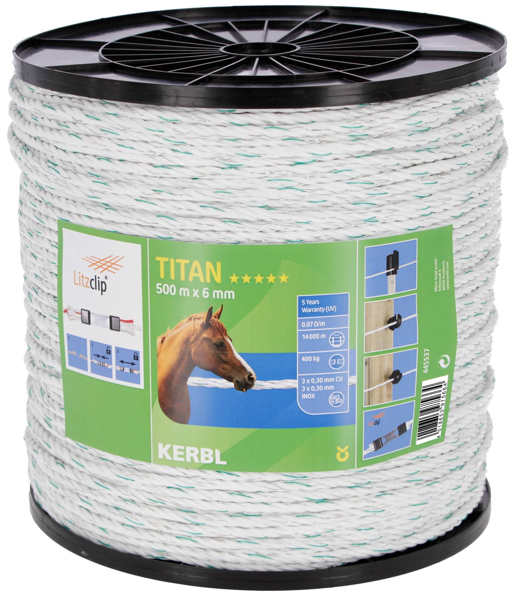 Linka ogrodzeniowa TITAN, 500 m x 6 mm, biało-zielona, Kerbl